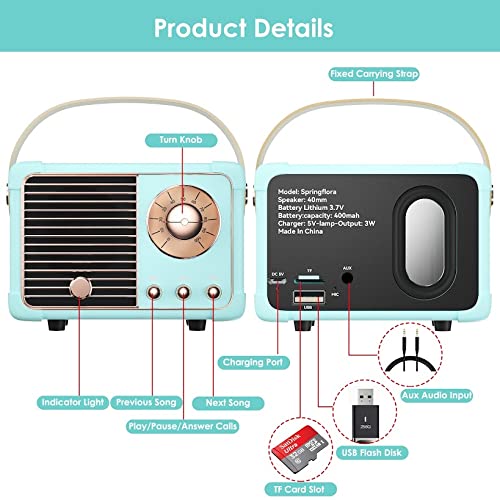 Retro Bluetooth Speaker, Small Speaker Bluetooth Wireless, Blue - color: Sky Blue