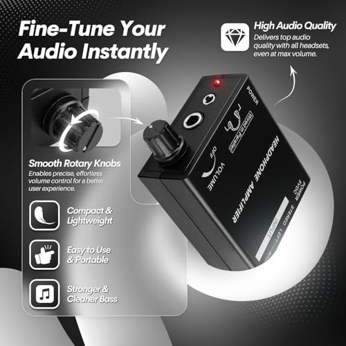 TNP Portable 3.5mm Headphone Amplifier with RCA Input, Volume Control | Inline Headphone Amp with 3.5mm and 6.35mm Outputs, 5V Power Adapter, and Analog Knob for Pc and Home Audio