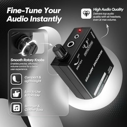 TNP Portable 3.5mm Headphone Amplifier with RCA Input, Volume Control | Inline Headphone Amp with 3.5mm and 6.35mm Outputs, 5V Power Adapter, and Analog Knob for Pc and Home Audio