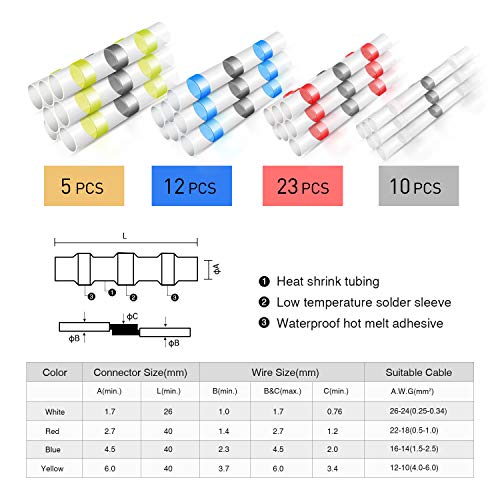 Nilight - 50025R 50pcs Solder Seal Wire Connector, Solder Seal Heat Shrink Butt Connectors,Electrical Waterproof Insulated Marine Automotive Copper(23Red 12Blue 10White 5Yellow),2 Years Warranty - color: Yellow, Blue, Red, White.