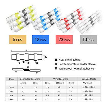 Nilight - 50025R 50pcs Solder Seal Wire Connector, Solder Seal Heat Shrink Butt Connectors,Electrical Waterproof Insulated Marine Automotive Copper(23Red 12Blue 10White 5Yellow),2 Years Warranty - color: Yellow, Blue, Red, White.