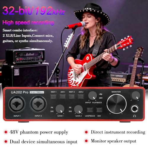 USB Audio Interface for Computer Recording Music(Red), 2 Channel Guitar Audio Interface, 32Bit/192kHz Podcasting Streaming with 48V Phantom Power