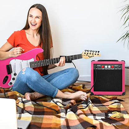 LyxPro Electric Guitar Amp 20 Watt Amplifier Built in Speaker Headphone Jack and Aux Input Includes Gain Bass Treble Volume and Grind - Pink - color: Pink, size: 20 Watt