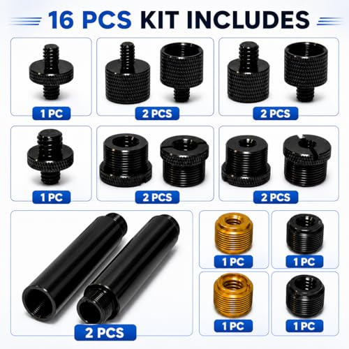 16 Pack Mic Stand Adapter Kit with Extension Tubes, 1/4, 3/8 and 5/8