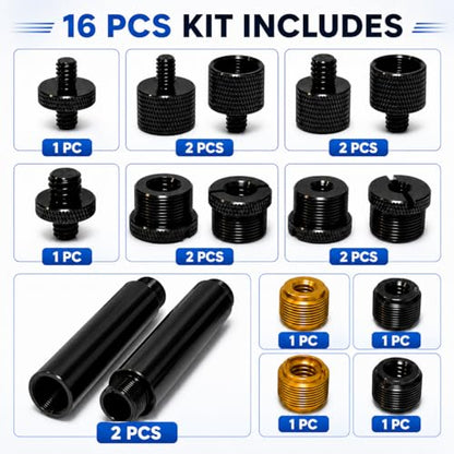 16 Pack Mic Stand Adapter Kit with Extension Tubes, 1/4, 3/8 and 5/8