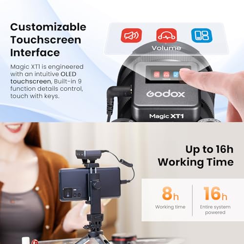 GODOX Magic XT1 Touchscreen Wireless Lavalier Microphone | For Camera/Android/iPhone 15&16/PC, 48kHz/24-bit, Noise Cancellation, 2.4G Wireless 656ft Range, For TikTok Vlog Youtuber