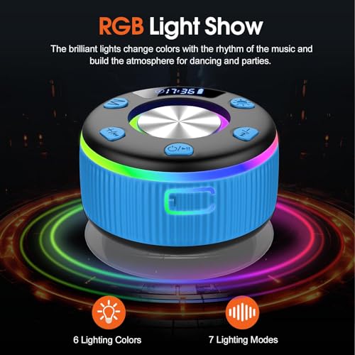 Bluetooth Shower Speaker, Portable Bluetooth 5.3 Speakers Wireless with Time Display, IP7 Waterproof Speakers with RGB Light, Suction Cup, Mini Stereo Speaker for Bathroom Party Beach Outdoor, Blue - color: Sky Blue