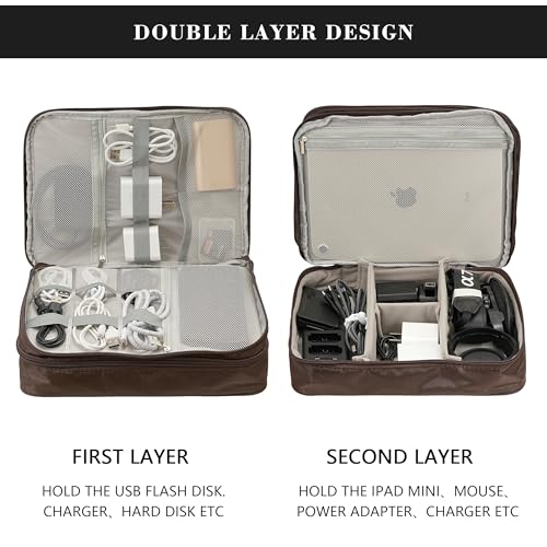Electronics Accessories Organizer Bag, Waterproof Double LayerTravel Cable Organizer Case for Cords, Charger, Power Bank,Hard Drive, Mouse -Shockproof Tech Storage Pouch (Classic-two layers-Brown) - style: Classic-two Layers-brown