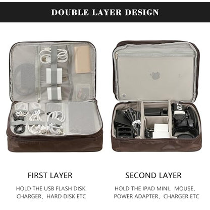 Electronics Accessories Organizer Bag, Waterproof Double LayerTravel Cable Organizer Case for Cords, Charger, Power Bank,Hard Drive, Mouse -Shockproof Tech Storage Pouch (Classic-two layers-Brown) - style: Classic-two Layers-brown