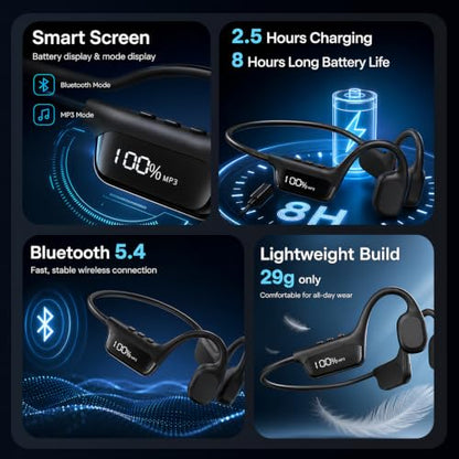 Bone Conduction Headphones IP68 Waterproof, 32GB MP3 Player, Open-Ear Wireless Bluetooth 5.2 Waterproof Headphones for Swimming, Pool, Open Water, Running & Training - Fast Charging - Black - color: Black