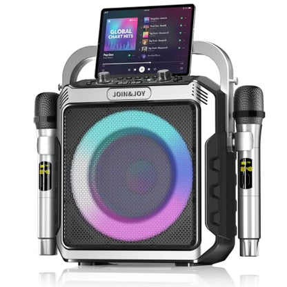 Portable Karaoke Machine, with 2 Wireless Mics, LED Lights, Loud Subwoofer, Outdoor Karaoke Speaker for Adults
