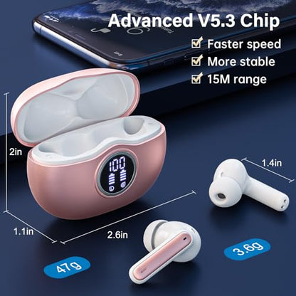 Wireless Earbuds, Bluetooth 5.3 Headphones HiFi Stereo 50H Playback LED Digital Display Ear Buds with ENC Noise Canceling Headset, IPX7 Waterproof Earphones for Gym/Running/Work（Rose Gold） - color: Rose Gold