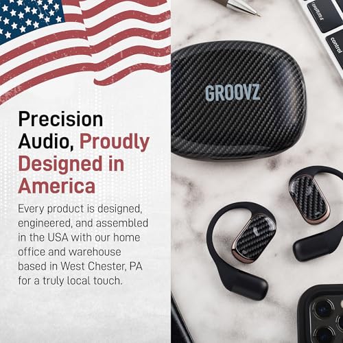 Groovz Open-Ear True Wireless Headphones with Smart Battery Display - Designed and Engineered in the USA - IPX5-Rated Bluetooth Open Ear Earbuds Compatible with Apple & Android - Classic Blue