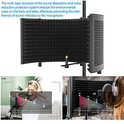 Microphone Isolation Shield with Stand Curved Panel, Foldable Mic Shield with Triple Sound Insulation, Studio Mic Sound Absorbing Foam Reflector for Sound Recording, Podcasts - size: Large