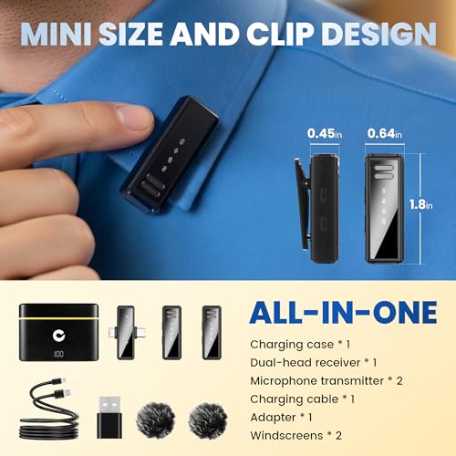 CAHAYA Microphone for iPhone Mic: YouTube Wireless Lavalier Microphone with Noise Cancelling & Charging Case 3-in1 USB-C/Lightning for PC iPhone Android 24H Battery for TikTok Vlog Studio Mic