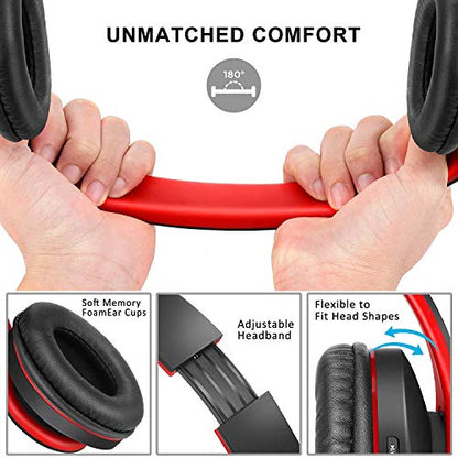 ZIHNIC Bluetooth Headphones Over-Ear, Foldable Wireless and Wired Stereo Headset Micro SD/TF, FM for Cell Phone,PC,Soft Earmuffs &Light Weight for Prolonged Wearing (Black/red) - color: Red