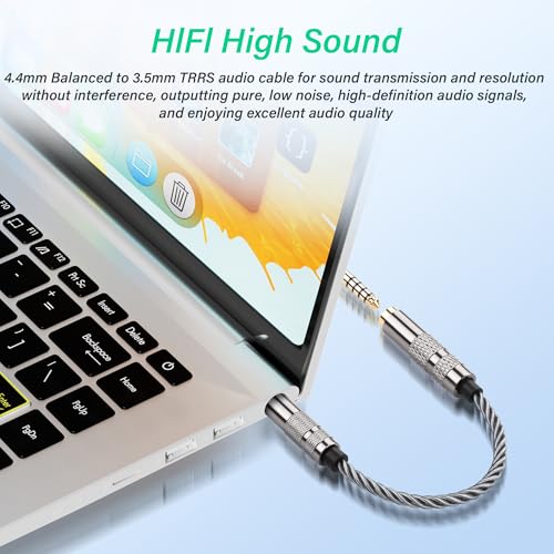 SinLoon 4.4mm Female to 3.5mm TRRS Male Audio Adapter Cable, Gold Plated OFC Braided Converter, Support Microphone for HiFi DAP & Calls (Cool Grey)