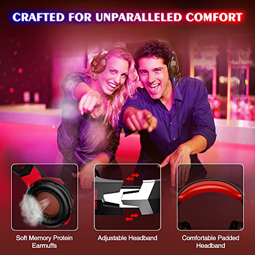 VersionTECH. G2000 Gaming Headset, Bass Surround Gaming Headphones with Noise Cancelling Mic, LED Lights, Soft Memory Earmuffs for PS5/ PS4/ Xbox One Controller/Laptop/PC/Mac/Nintendo NES Games-Red - color: Red