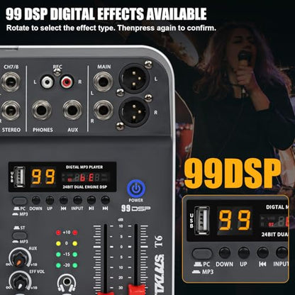 Audio Mixer, TKLBLS Studio Audio Sound Mixer Board, 6 Channel Unpowered Recording Mixers w/USB Audio Interface, DJ Mixer with 48V Phantom Power for KTV, Live Shows, Streaming, Conferences