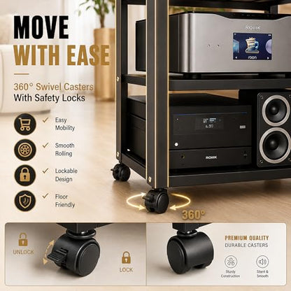 5 Tier Av Media Stand with Wheels, 39in Adjustable Audio Rack | Modern Stereo Racks And Stands, Audio-Video Shelving For Home, Office, Theater