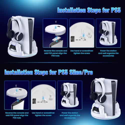 NEWDERY for PS5/Slim/Pro Console Stand with Controller Charger | Charging Station for PS5 Controllers, Adjustable RGB Light, for PS5 Controller Charger Stand, White - color: White