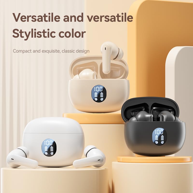 Wireless Earbuds, Bluetooth 5.4 Headphones Stereo Bass with Noise Cancelling Mic, Playtime in Ear Ear Buds with LED Power Display Charging Case, IPX7 Waterproof , for Sports Work Gaming (beige) - color: Beige