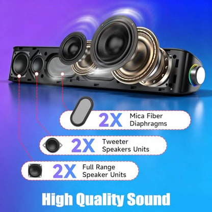 Computer Soundbar, Desktop Speakers with 6 Drivers, High-Fidelity Stereo for Music/Movies/Games, USB & Bluetooth 5.0 Dual Mode, Slim Design for PC/Mac/Monitor/Laptop