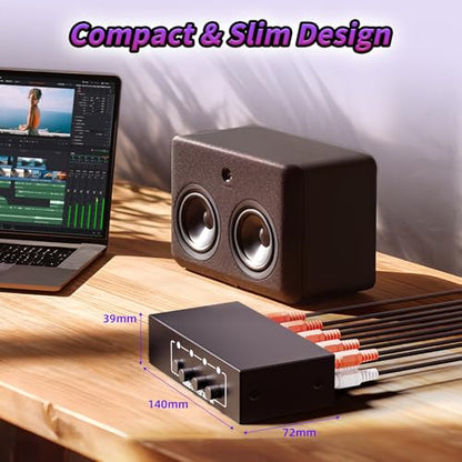 4-Way RCA L/R & 3.5mm Stereo Audio Switcher Bi-Directional Switch Selector | 4 in 1 out passive a/b Analog Stereo Audio Switcher Selector 1 in 4 out Audio Splitter Only one output plays at a time