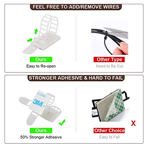 100Pcs Adhesive Cable Management Clips with 50Pcs Zip Ties, Adjustable Nylon Cable Strap Ties Wire Clips Clamps Organizer, Extra Screw & Hole - 3.35 Inch White - color: White, size: M-100pcs