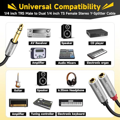 1/4 inch TRS Stereo Splitter Y Adapter, 6.35mm Stereo Male to Dual 6.35 mm TS Mono Female Jack, Quarter inch Audio Speaker Splitter Converter Cable 1 Feet, Gold Plated Connectors - color: 6.35mm TRS Male to Dual 6.35mm Female, size: 1 Pack