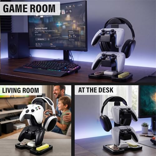 Gaming Equipment Headset Stand with Dual Controller Organizer Rack & Storage Base, Headphone Stand Gamer Gifts for Men Teenage Boy, Unique Gifts for Gamers to Organize Gaming Accessories (Black Wood)