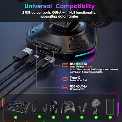 Gaming Headphones Stand with 12 Light Modes - Controller Holder for Desk, RGB Gaming Headset Stand with 2 USB Charging Ports - Supports Data Transfer, Earphone Hanger Accessories for Desktop Gamer