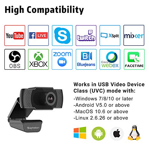 Septekon 1080P HD Webcam with Microphone, Streaming Computer Web Camera for Laptop/Desktop/Mac/TV, USB PC Cam for Video Calling, Conferencing, Gaming