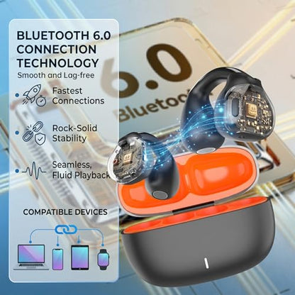 Clip On Earbuds, Physical Button Control Open Ear Wireless Bluetooth Headphones, HiFi Sound & Environment Noise Cancelling Earbuds with Mic, Bluetooth 6.0, Up to 32H Playtime, for Run/Workout