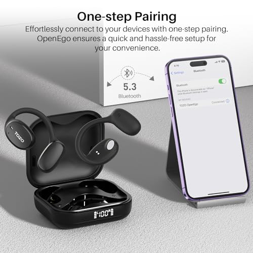 TOZO OpenEgo Open Ear Earbuds 80H Bluetooth 5.3 Headphones Sport Earbuds | Open Ear Structure with Earhooks, 32 EQ Modes, Digital LED Display,HD Clear Calls, Comfort Wear For Running, Travel, Office - color: Black