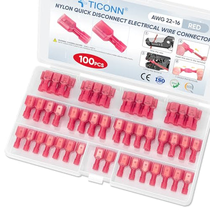 TICONN 100 Pcs Nylon Spade Quick Disconnect Connectors Kit, Electrical Insulated Terminals, Male and Female Spade Wire Crimp Terminal Assortment Kit (Red AWG 22-16) - style: Red 100Pcs