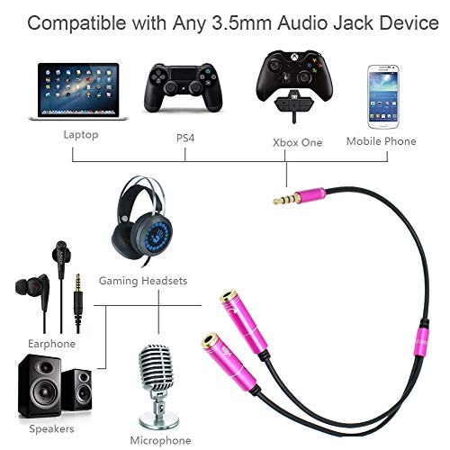 Hot Pink Headset Y Splitter Audio Adapter Cable 3.5mm Male to 2 Female Mic Audio CTIA Headphone Adapter Compatible with PC Gaming Headset,PS4,Xbox One,Notebook,Android iPhone Tablet MP3