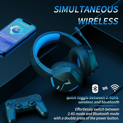 BINNUNE Wireless Gaming Headset for PS5 PC, 120H Ultra-Long Battery, 2.4GHz & Bluetooth 5.3 Wireless Gaming Headphones, PS5 Hadset Wireless with Mic, 50mm Drivers, Comfort Over Ear Headphones,Blue - color: Blue