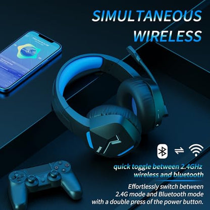 BINNUNE Wireless Gaming Headset for PS5 PC, 120H Ultra-Long Battery, 2.4GHz & Bluetooth 5.3 Wireless Gaming Headphones, PS5 Hadset Wireless with Mic, 50mm Drivers, Comfort Over Ear Headphones,Blue - color: Blue