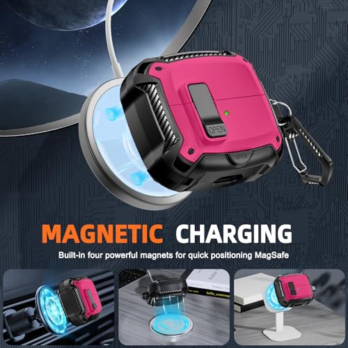 Safety Lock Case for Samsung Galaxy Buds3 FE/Pro/3 (Rose red) | Compatible with MagSafe, with Phone Stand& Cleaning kit,Keychain, - color: Rose red