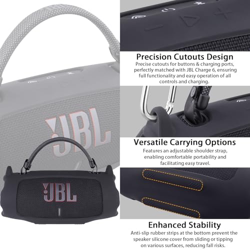 khanka for JBL Charge 6 Waterproof Portable Bluetooth Speaker Silicone Case,Soft Protective Sleeve Cover with Shoulder Strap for JBL Charge 6 Speaker (Black) - color: Black