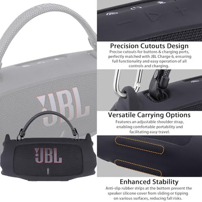 khanka for JBL Charge 6 Waterproof Portable Bluetooth Speaker Silicone Case,Soft Protective Sleeve Cover with Shoulder Strap for JBL Charge 6 Speaker (Black) - color: Black