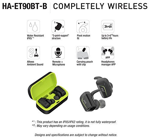 JVC True Wireless Earbuds for Sports & Fitness, Sweat/Water Proof IPX5, Bluetooth Connectivity, Pivot Motion Fit, 3 Point Support Structure, 3+6 Hours Battery Life - HAET90BTB (Black)