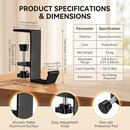 Black Desk Mount Purse Hook | Portabl Adjustable Clamp-On Backpack Hanger Table Bag Holder ,for Handbags Headphones(Single Hook) - color: Black Single Hook