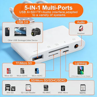 Universal 5-in-1 Memory Card Reader, 3-in-1 USB C/Lightning/USB A to SD/TF Adapter with 3.5mm Headphone Jack and Lightning Power Port (Charging Only), Compatible with iPhone, iPad, Android, Tablet