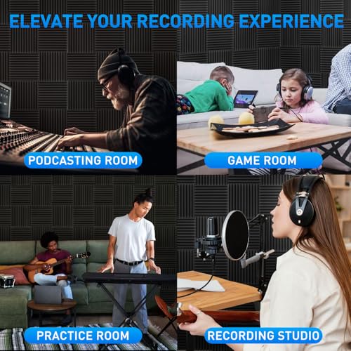 Focusound 120 Pack Acoustic Foam Panels 1" x 12" x 12" Sound Proof Foam Panels Soundproofing Noise Cancelling Wedge Panels for Home Office Recoding Studio with 600 PCS Double-Side Adhesive - size: 120 Pack