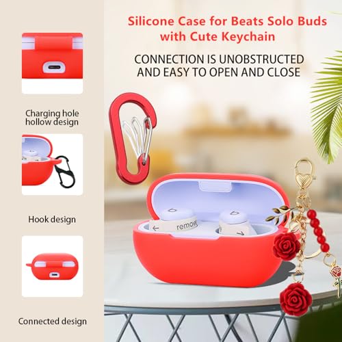 Case for Beats Solo Buds Case Cover with Flower Keychain, Cute Soft Silicone Shockproof Protective Skin Cases for Beats Solo Buds Wireless Earbuds with Carabiner for Women Girl (Purple) - color: Purple