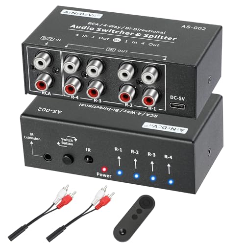 RCA 4-Way Bi-Directional Audio Switcher Splitter, 1 in 4 Out / 4 in 1 Out Stereo L/R Sound Channel Audio Switch Selector Splitter Box with Remote Control for Speakers Headphones Amps (Black)