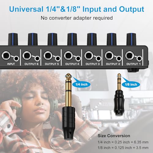 LZSIG Headphone Amplifier with Bass Boost, 6 Channel, 1 IN 6 OUT, DC 12V | Metal Stereo Audio Amplifier, Mini Earphone Splitter with Power Adapter, 1/4" & 1/8" TRS Headphones Output & TRS Audio Input - size: Medium(6-channel)