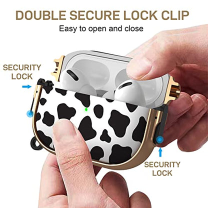 for AirPods Pro 2nd/1st Case with Lock, Magsafe Compatible, Cow Print | Double Secure Lock,Drop Protection,Two-Piece Design,with Gold Keychain, Anti Lost, Dustproof, Cute AirPods Pro 2nd/1st Case - color: Cow + Gold, size: AirPods Pro2/Pro1 Case